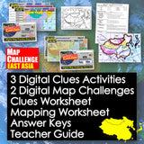 Collection of educational materials for a map challenge on East Asia with maps and text.