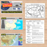 Educational materials on East Asia with maps and text on a wooden surface