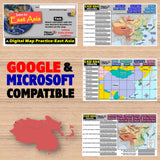 Educational materials on East Asia with maps and text on a wooden surface.
