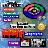 Educational material with text and graphics on a world map background