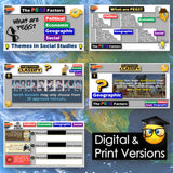 Collection of educational materials on social studies themes with colorful graphics and text.