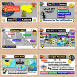 Educational posters and slides on a wooden surface with various graphics and text.