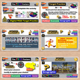 Educational software interface with various educational activities on a wooden surface.