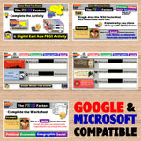 Educational software interface with multiple screens on a wooden surface, featuring Google and Microsoft compatibility text.