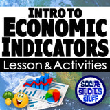 Title card for 'Intro to Economic Indicators' lesson and activities with graphs and charts on a world map background.
