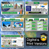 Educational digital and print materials on a world map background