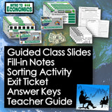 Educational materials for an economics class including slides, notes, and activities on a world map background.