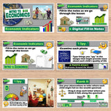 Educational materials on economics and social studies displayed on a wooden surface.