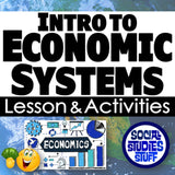 Title card for 'Intro to Economic Systems Lesson & Activities' with graphics and text on a world map background.