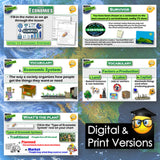 Educational materials on economics with graphics and text on a blue background