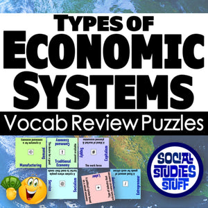Cover of 'Types of Economic Systems Vocab Review Puzzles' with educational graphics and text.