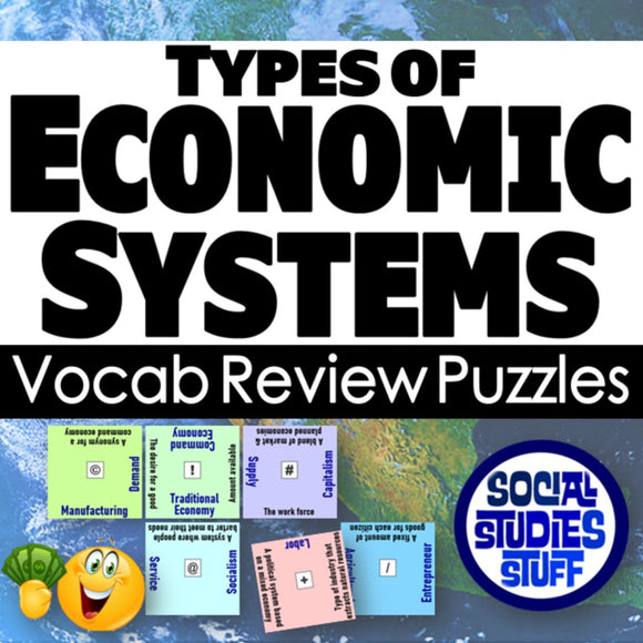 Cover of 'Types of Economic Systems Vocab Review Puzzles' with educational graphics and text.