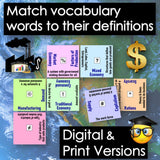 Educational materials with vocabulary cards matching economic terms and definitions on a world map background.