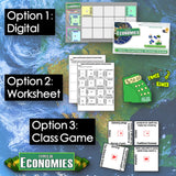 Educational materials for teaching types of economies including digital, worksheet, and class game options on a world map background.