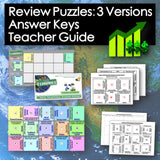 Educational materials including review puzzles, answer keys, and a teacher guide on a world map background.
