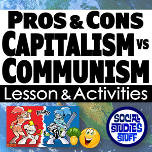 Title card comparing capitalism and communism with cartoon characters and 'Social Studies Stuff' logo.