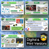 Educational digital and print versions with various topics on a world map background.