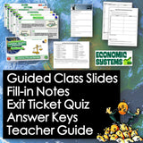 Educational materials including slides, notes, and quizzes with 'Economic Systems' branding on a world map background.