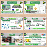 Educational materials on a wooden surface with various educational activities and graphics.