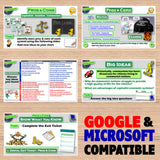 Educational software interface with various slides and activities on a wooden surface, featuring Google and Microsoft compatibility text.