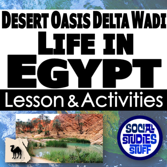 Educational material about life in Egypt with text and images of a desert oasis.