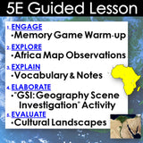 5E Guided Lesson structure for Africa geography with map and text on a blue background