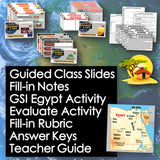 Educational resources including slides, notes, and activities related to Egypt on a map background.