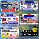 Educational materials about presidential elections and election day on a blue background with a map.
