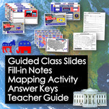 Educational materials for a guided class on U.S. government, including slides, notes, and maps.