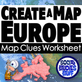Worksheet titled 'Create a Map Europe' with a map of Europe and a cartoon character holding a magnifying glass.