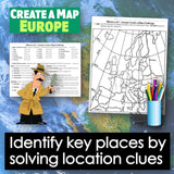 Educational materials for creating a map of Europe with a detective illustration and location clues.