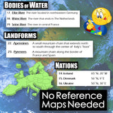 Educational poster about bodies of water, landforms, and nations with a map of Europe.