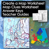 Map worksheet with map of Europe, answer keys, and teacher guides on a blue background.