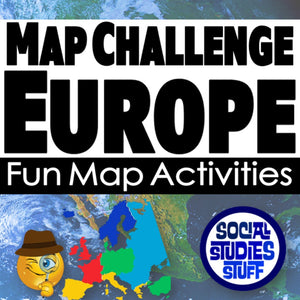 Promotional graphic for 'Map Challenge Europe' with a map of Europe and a logo for 'Social Studies Stuff'.