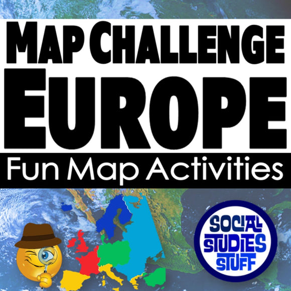Promotional graphic for 'Map Challenge Europe' with a map of Europe and a logo for 'Social Studies Stuff'.