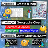 Educational materials for geography learning, including maps and text challenges.