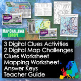 Educational materials for a map challenge on Europe with various maps and worksheets.