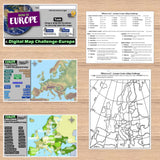 Educational materials on a wooden surface including maps and digital challenge cards.
