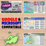 Educational maps of Europe on a wooden surface with 'Google & Microsoft Compatible' text.