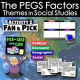 Educational materials for social studies with 'PEGS Factors' and 'Activity 1 Fan & Pick' on a world map background.