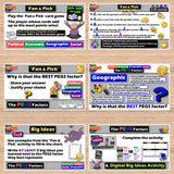 Educational game boards with text and graphics on a wooden surface