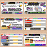 Educational worksheets on a wooden surface with various activities and questions.