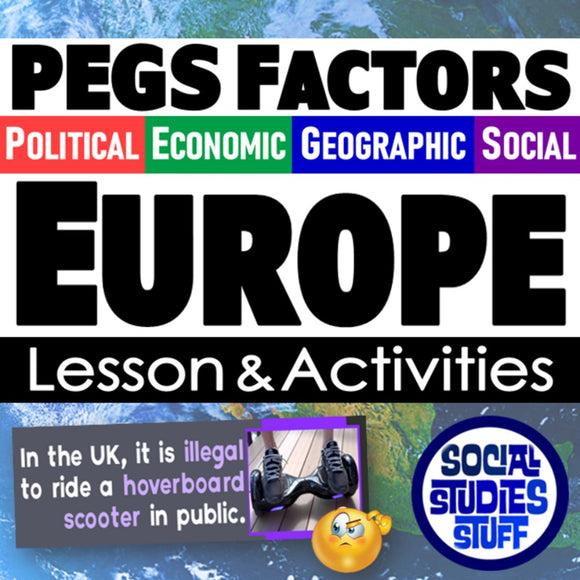 Educational graphic about PEGS Factors with a map of Europe and humorous text overlay.