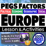 Educational graphic about PEGS Factors with a map of Europe and humorous text overlay.