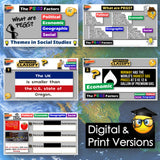 Educational materials on PEGS Factors with colorful text and graphics on a blue background.