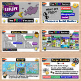 Educational materials on a wooden surface with various graphics and text about Europe and the PEGS Factors.