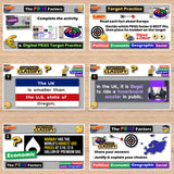 Educational software interface with multiple screens displaying activities and questions.