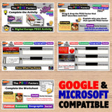 Educational software interface with multiple screens on a wooden surface, featuring Google and Microsoft compatibility text.