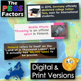 Map of Europe with text boxes about PEGS Factors, Finland, and college tuition fees.