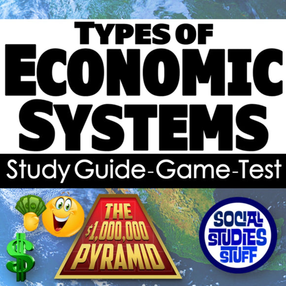 Title card for 'Types of Economic Systems' with game elements and branding.